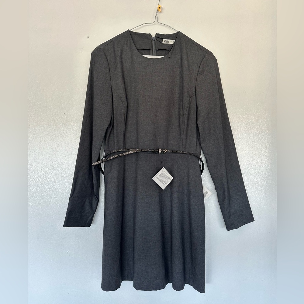 Zara Dark Grey Long Sleeve Belted Dress